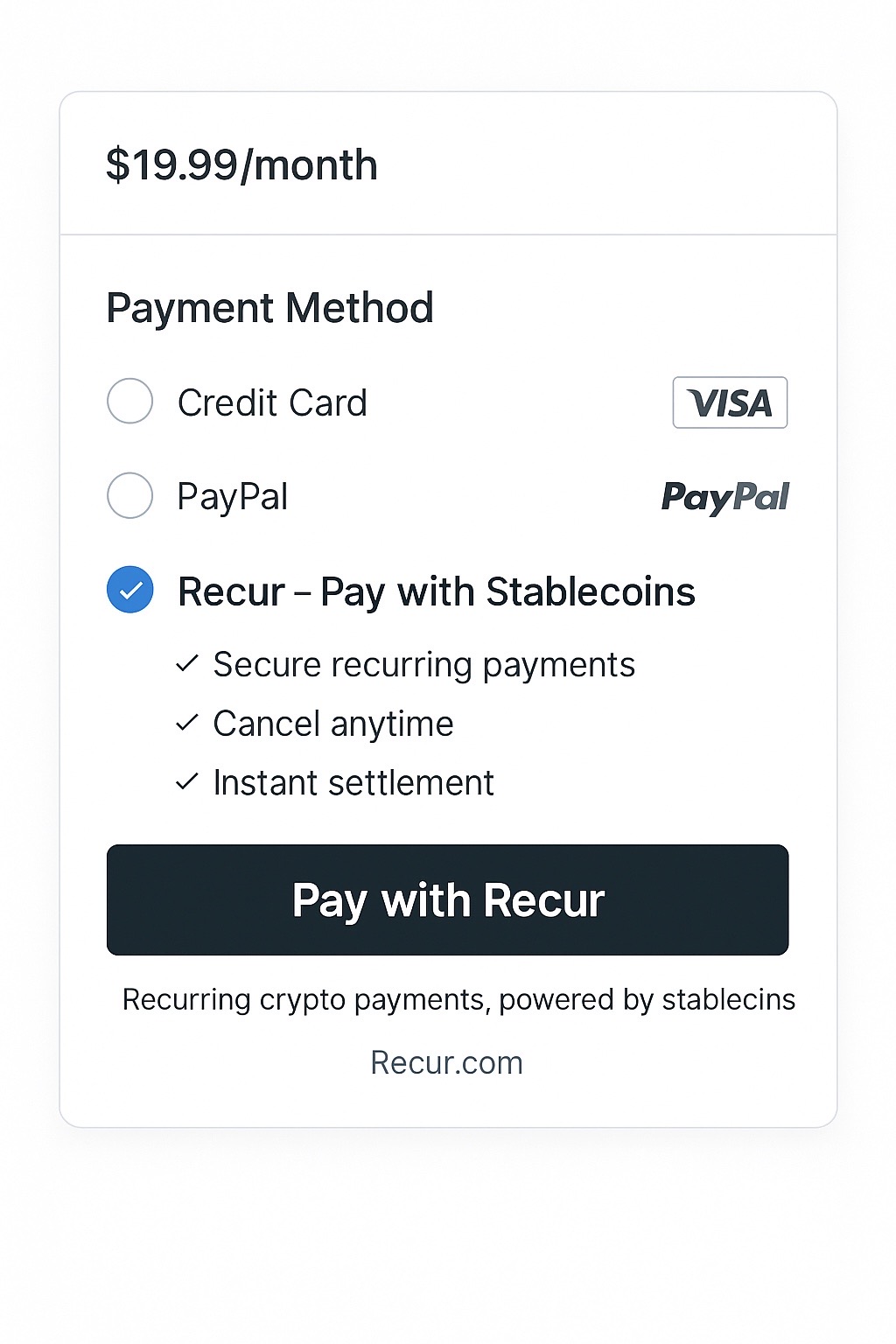 Checkout module showing 'Pay with RECUR' alongside Visa and PayPal